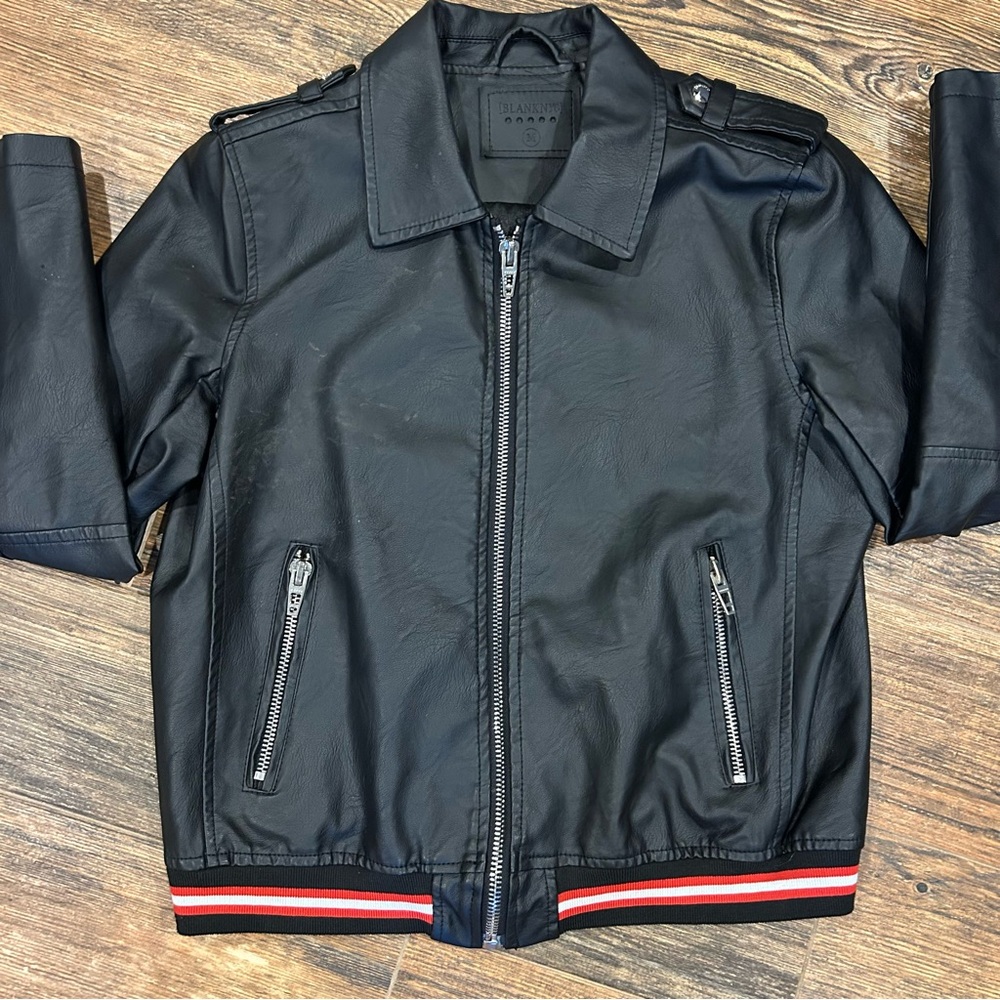 Blank NYC Black Bomber Jacket with Red and White Stripes - Size M - Picture 2 of 11